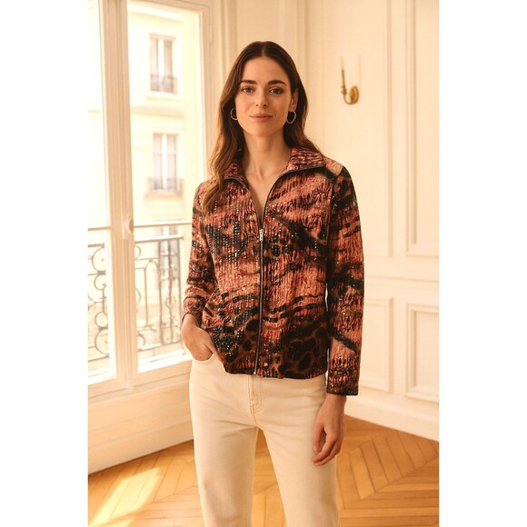 Misook Jacket Size Small Zip Front Animal Print Shiny Collar Artsy Exclusively - Picture 1 of 8